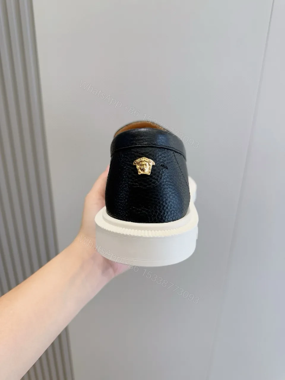 View 6 of Navy Leather Penny Loafers with Gold Hardware & White Sole