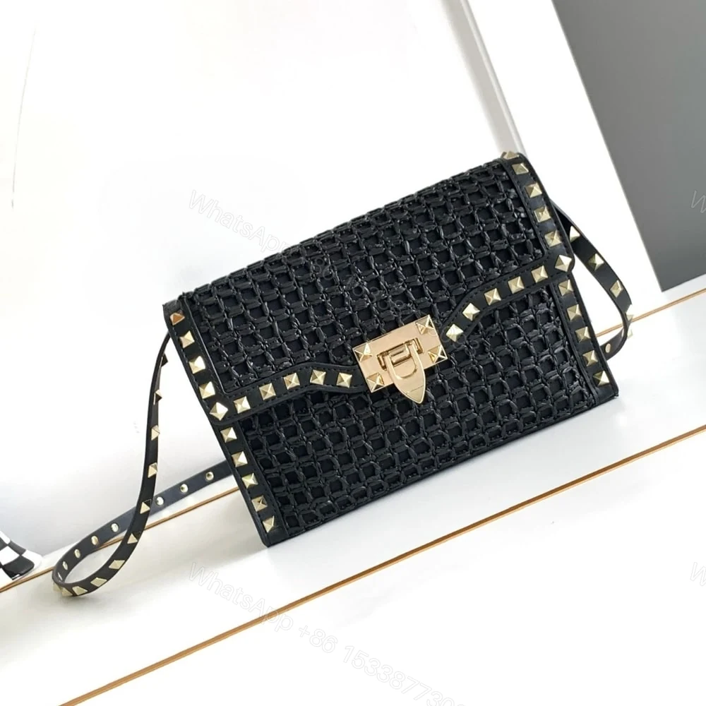 View 2 of VALENTINO GARAVANI ROCKSTUD SMALL RAFFIA SHOULDER BAG BLACK 22CM