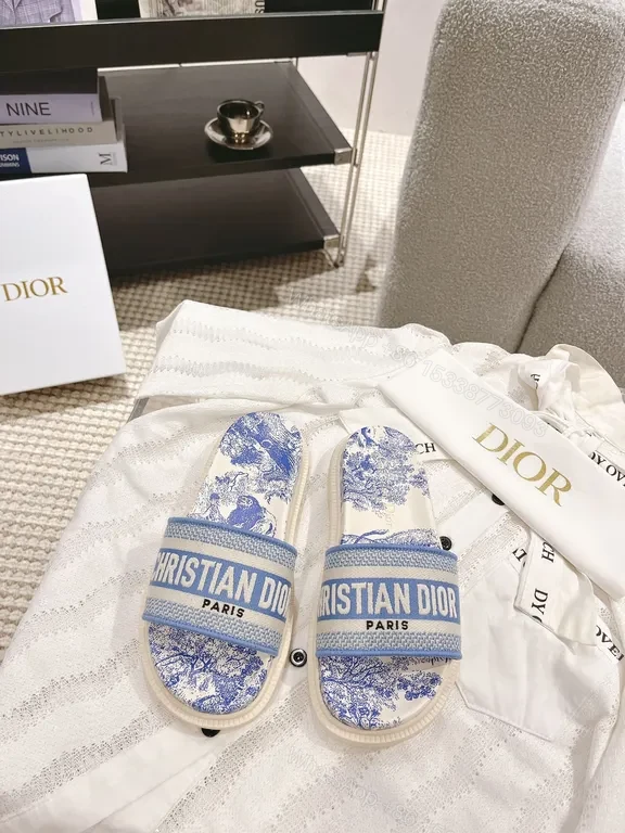 Blue Toile Luxury Slides: Dior-Style, Cushioned Comfort Sandals — view 1