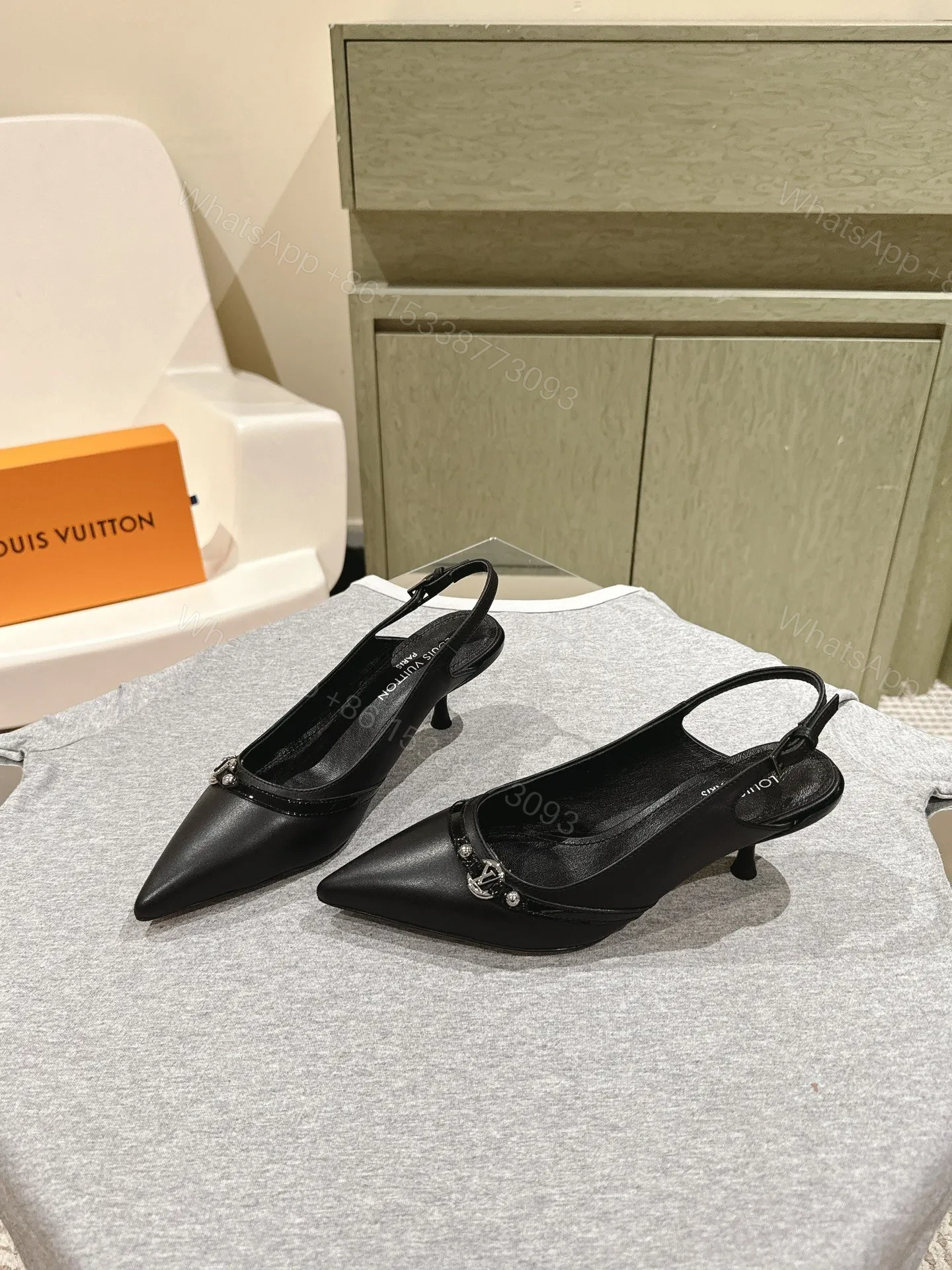 View 3 of LV Women Black Leather Slingback Heels