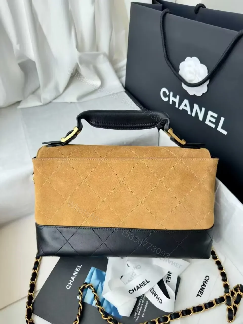 View 4 of Two-Tone Quilted Shoulder Bag: Camel & Black Luxury Bag