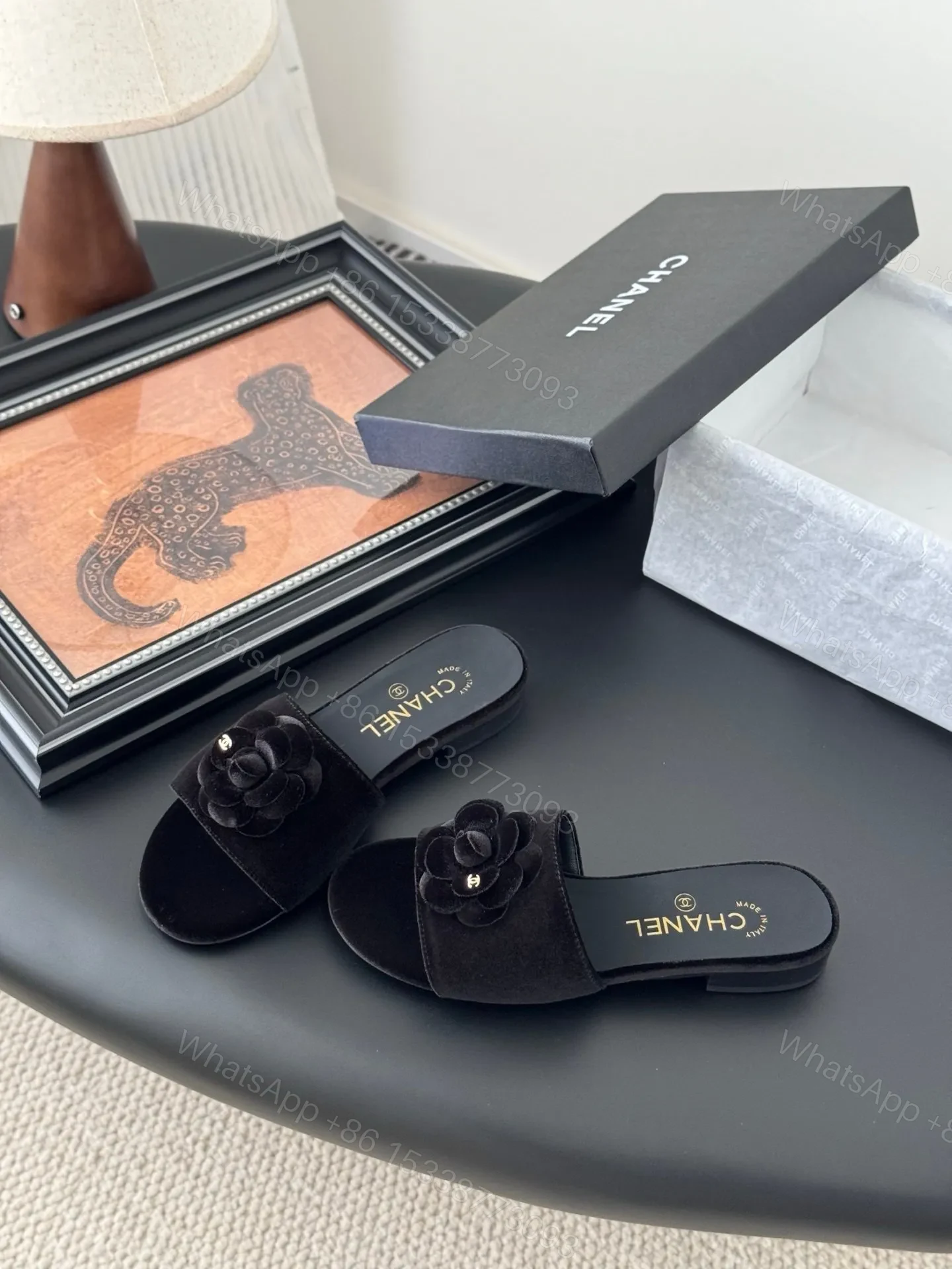 View 2 of Chanel Women Black Velvet Flower Embellished Slides