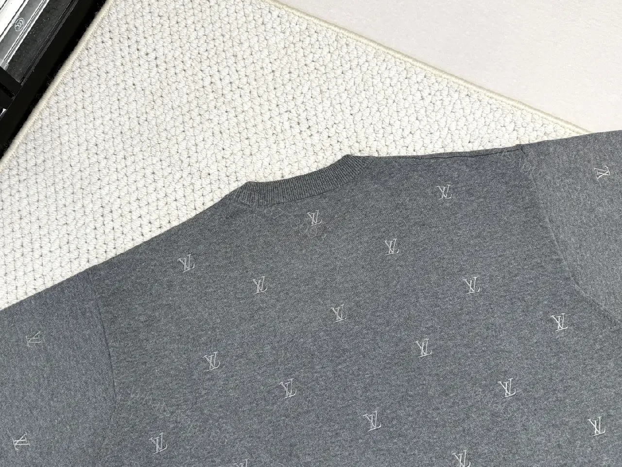 View 5 of Charcoal Knit Crewneck Sweater: Subtle Logo Texture, All-Season Comfort