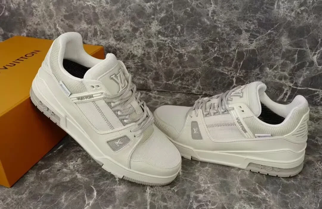 View 3 of White Leather-Trim Hiker Sneakers with Subtle Monogram Accents