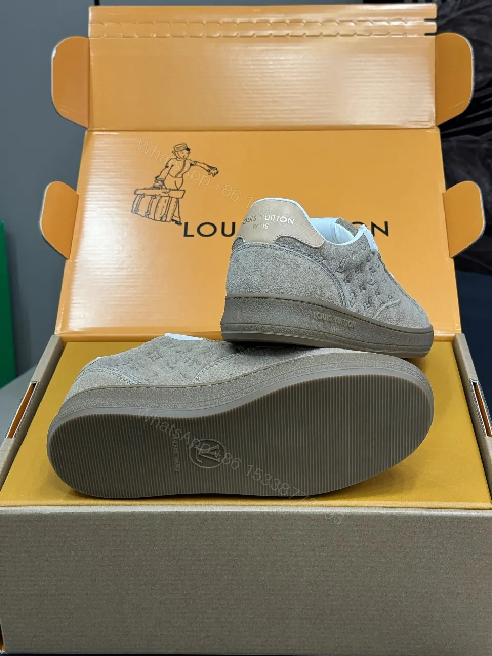 View 4 of Low-Top Luxe Sneaker: Taupe Suede, Monogram Textured Comfort