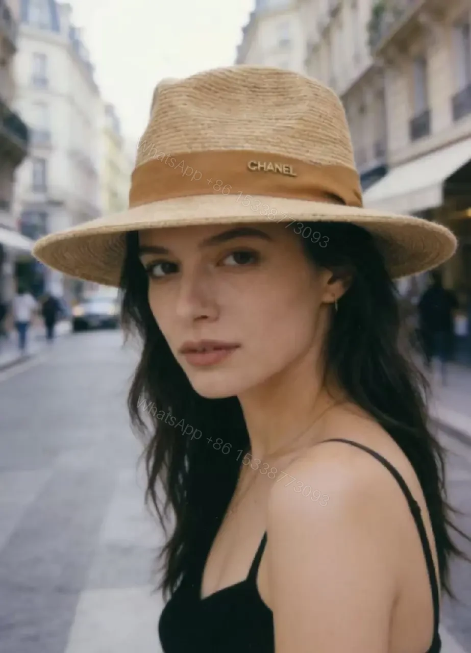 View 8 of Light Beige Straw Fedora-Boater Hat with Ribbon CHANEL Logo