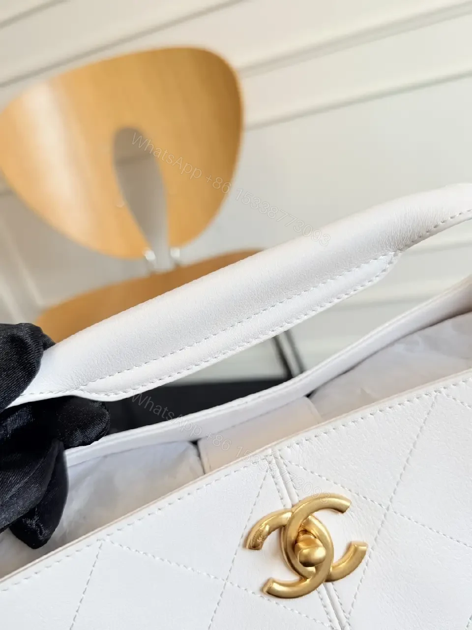 View 2 of White Quilted Tote, Gold Chain, Structured, Luxury Everyday Tote