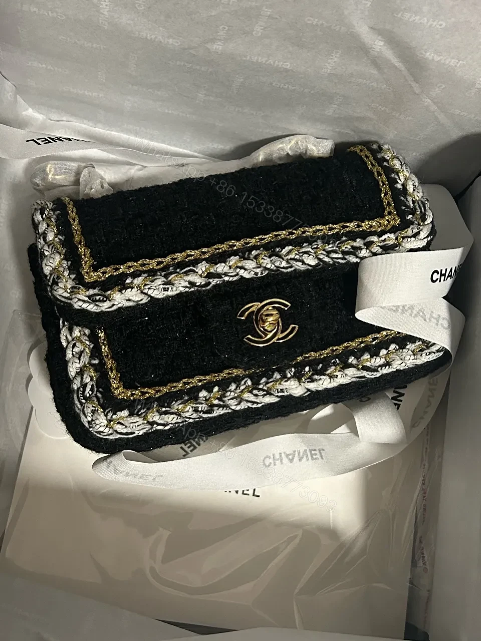 View 4 of Velvet Flap Bag with Gold-Edge Chain Detailing