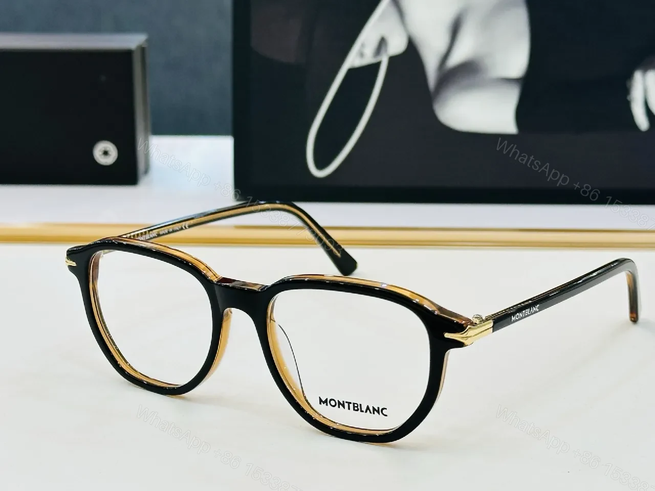 View 3 of Bold Black Montblanc-Style Eyeglasses: All-Day Comfort, Gold Details