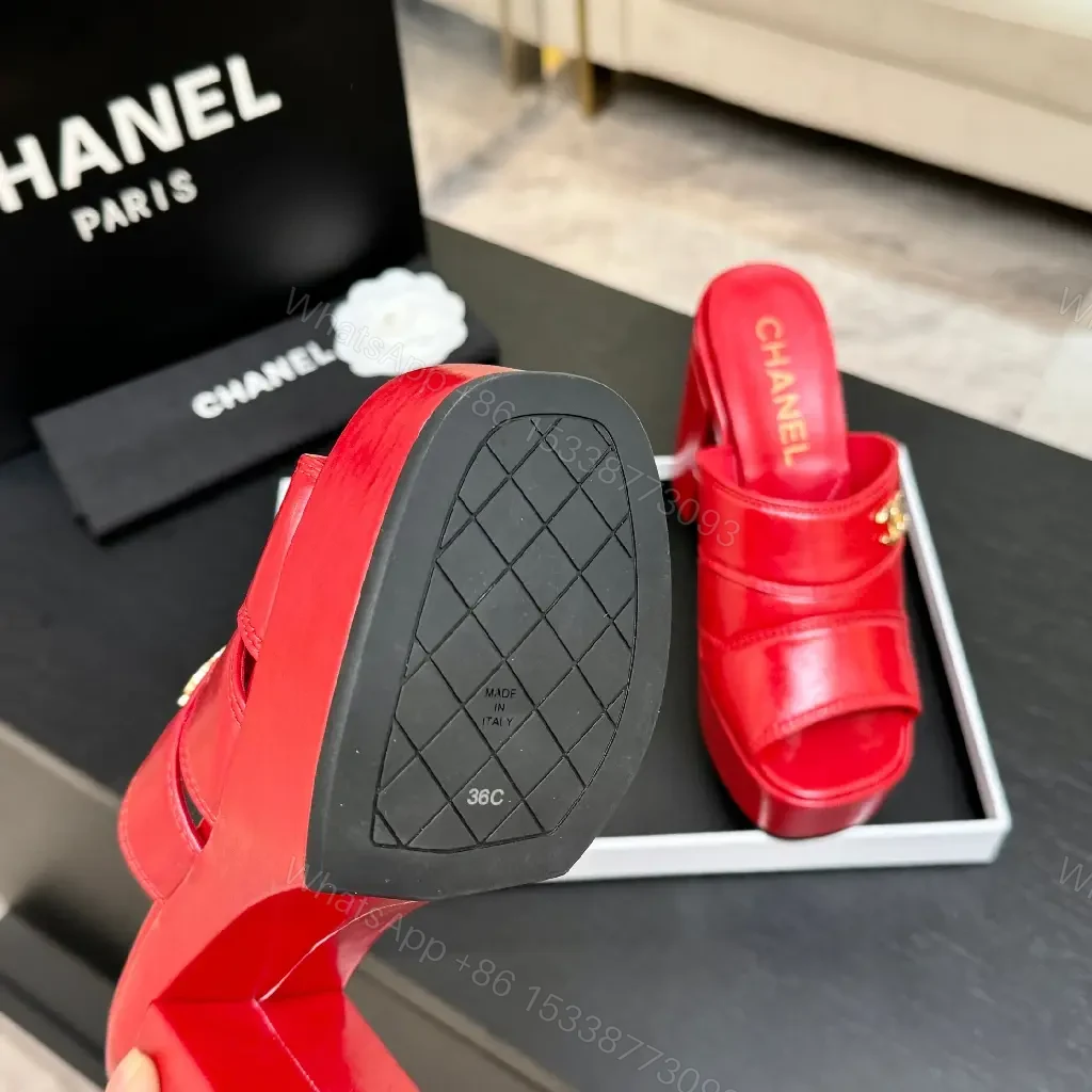 View 6 of Bold Red Patent Platform Mules with Luxe Logo Hardware