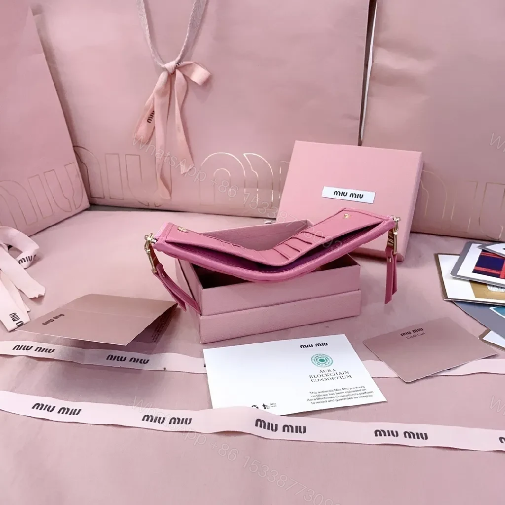 View 9 of Quilted Pink Wallet with Gold Logo – Luxe Bi-fold Wallet