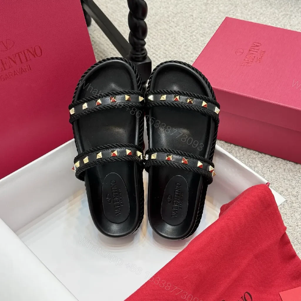 View 4 of Statement Leather Slide with Rope Trim Studs