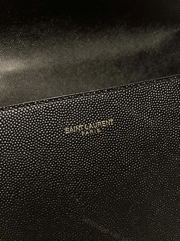 View 8 of Black Pebbled Leather Flap Bag - Gold Logo, Structured Chic Bag
