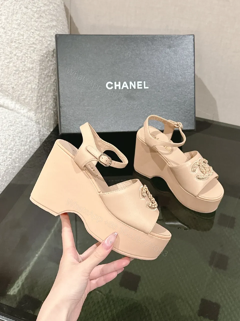 View 6 of Soft Pink Platform Sandals with Signature Emblem Themed Leather