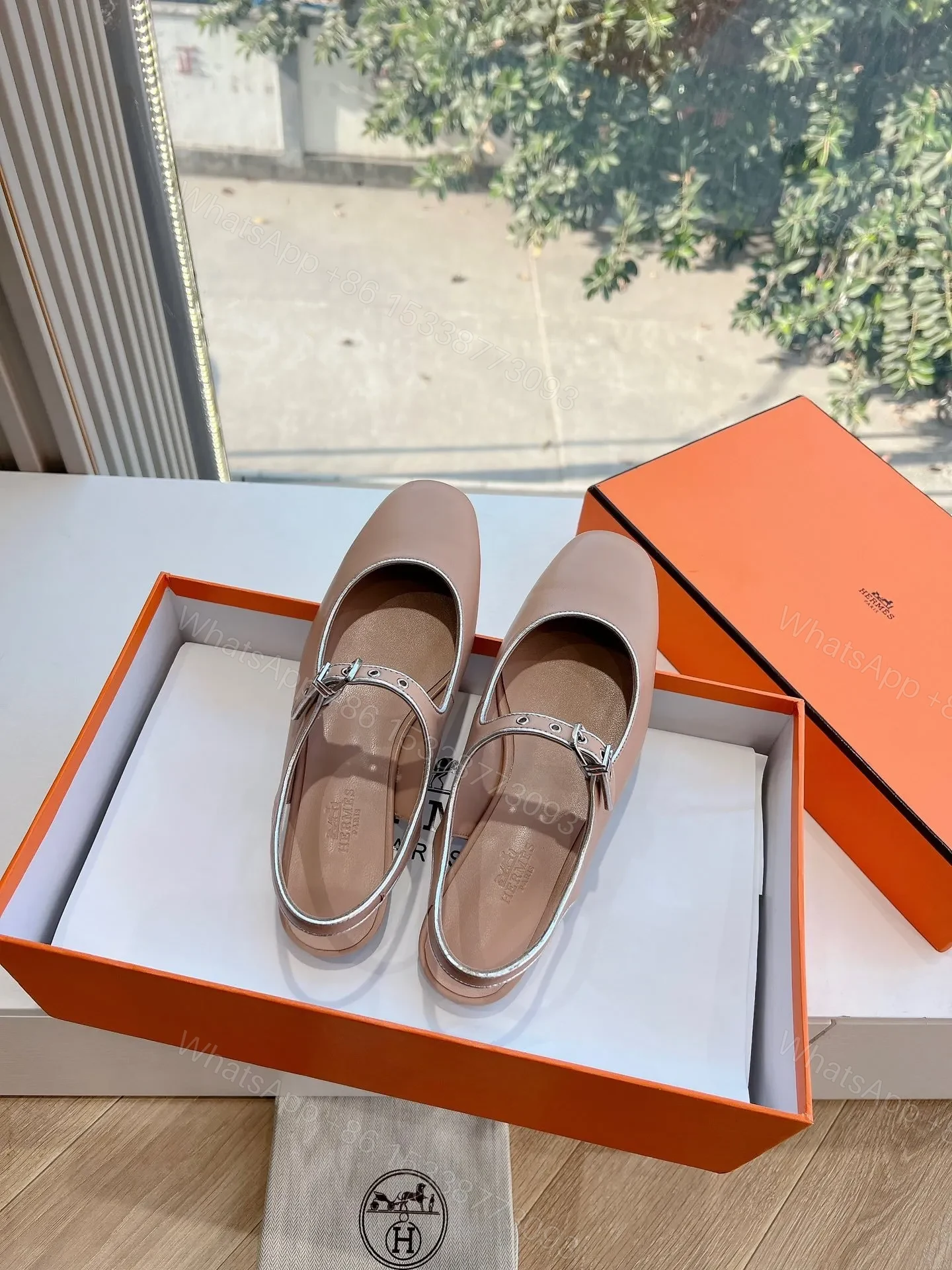 View 3 of Hermes Women Beige Leather Mary Jane Flats