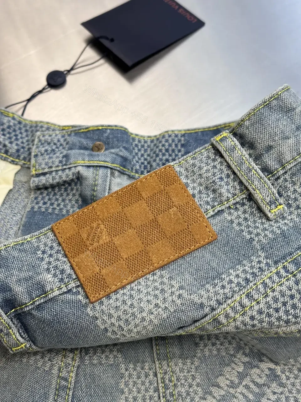 View 4 of Gray Denim Checkerboard Shorts Tailored Slim Style Louis Vuitton Tag