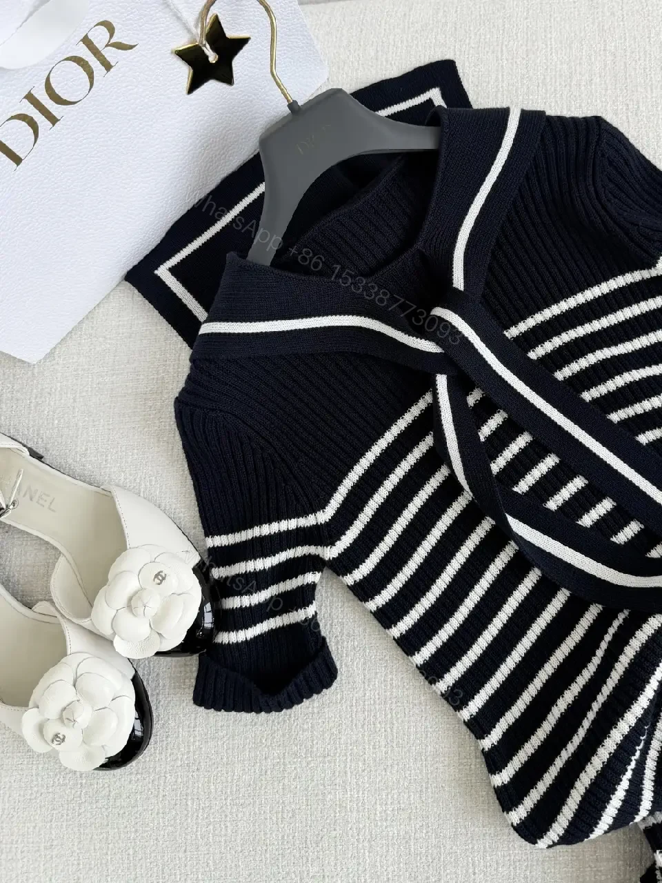 View 2 of Navy White Striped Knit Dress with Bow Tie - Dior-inspired