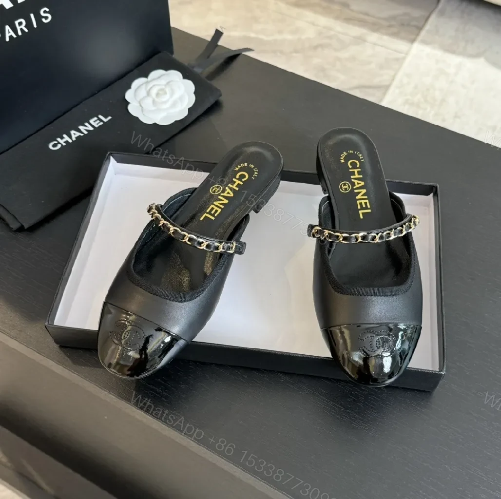View 7 of Black Leather Slide Mules with Chain Detail - Luxe Casual Calm