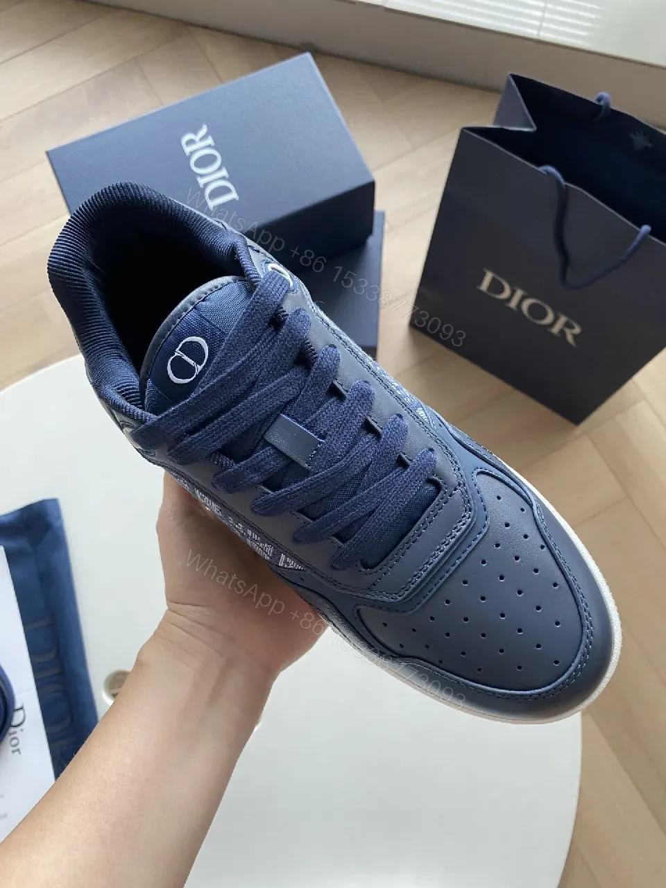 View 3 of Navy Leather Dior-Style Monogram Sneaker with Textured Panels