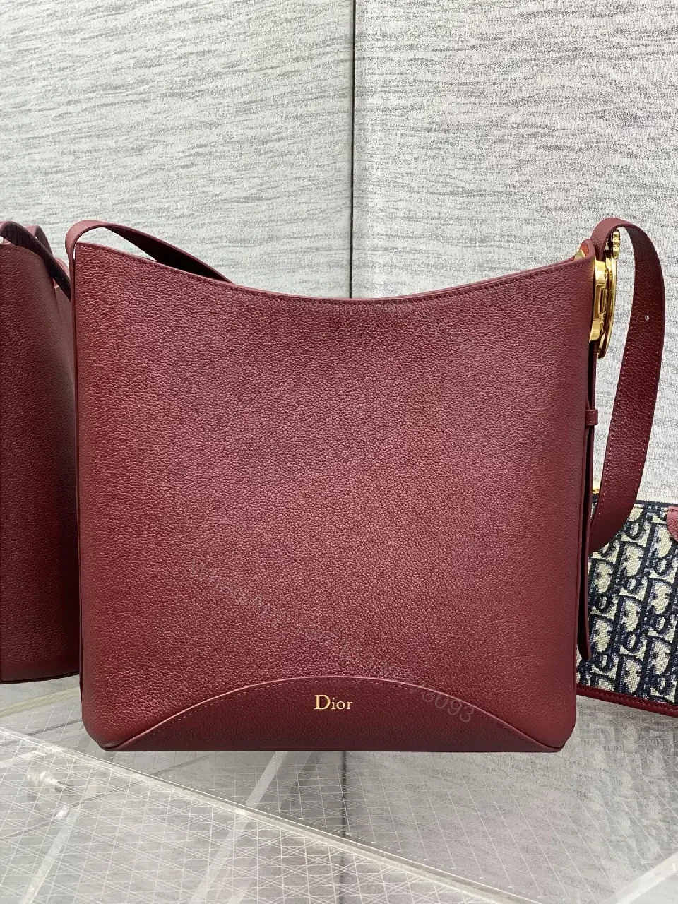 View 5 of Burgundy Pebbled Leather Handbag, Gold Hardware, Dior Monogram Detachable Cardholder Strap