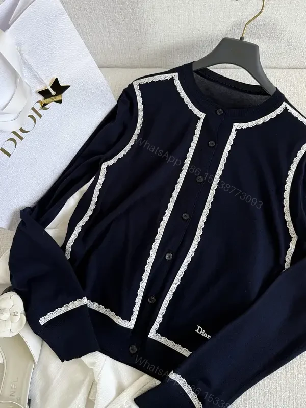 Navy Cardigan with White Lace Trim, Classic, Button-Front, Dior Accent — view 1