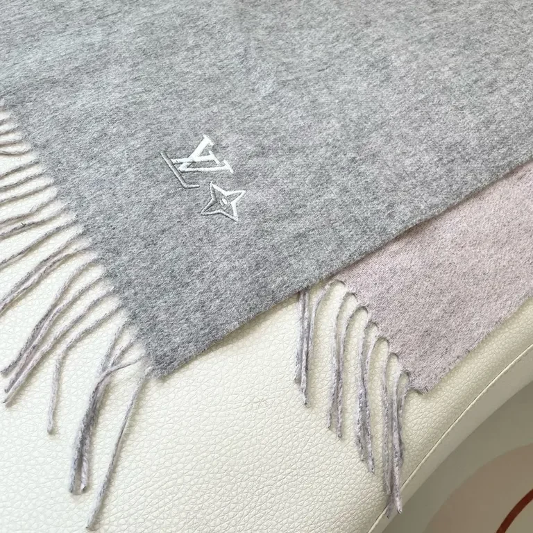 View 3 of Soft Luxury Scarf - Knit, Fringe, LV-Influenced Emblem - 5 Colors - 60s Luxe
