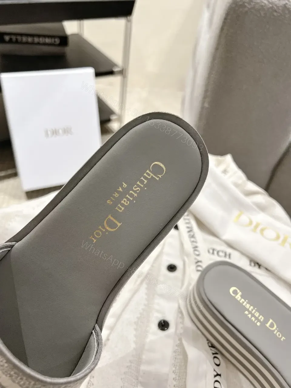 View 4 of Gray Dior Slides with Logo Strap Slippers
