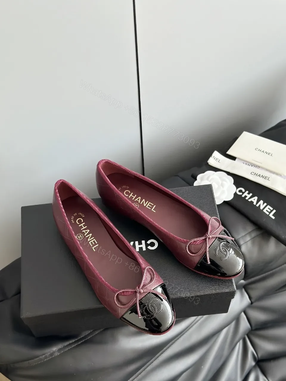 View 3 of Burgundy Satin Ballet Flats with Patent Cap Toe