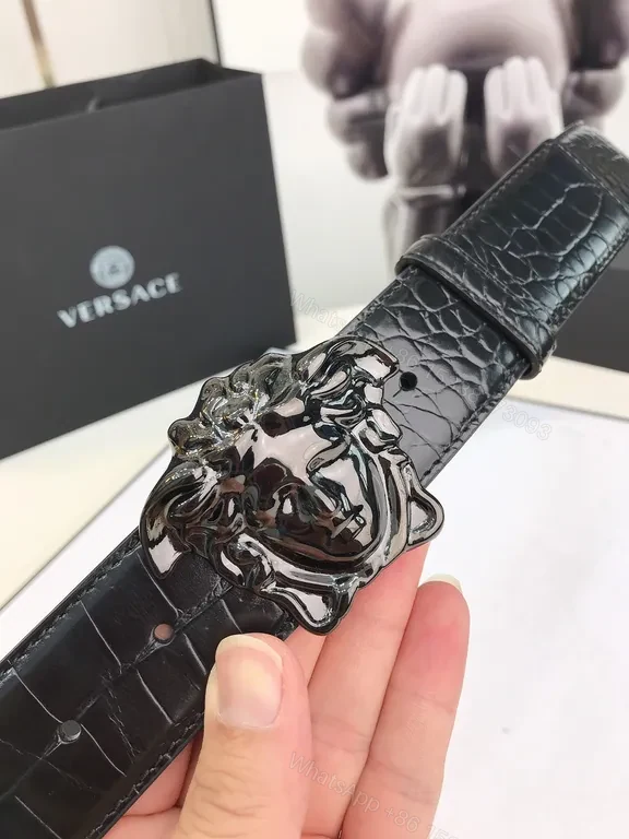View 2 of Crocodile-Texture Leather Belt: Lion Buckle Luxury Belt