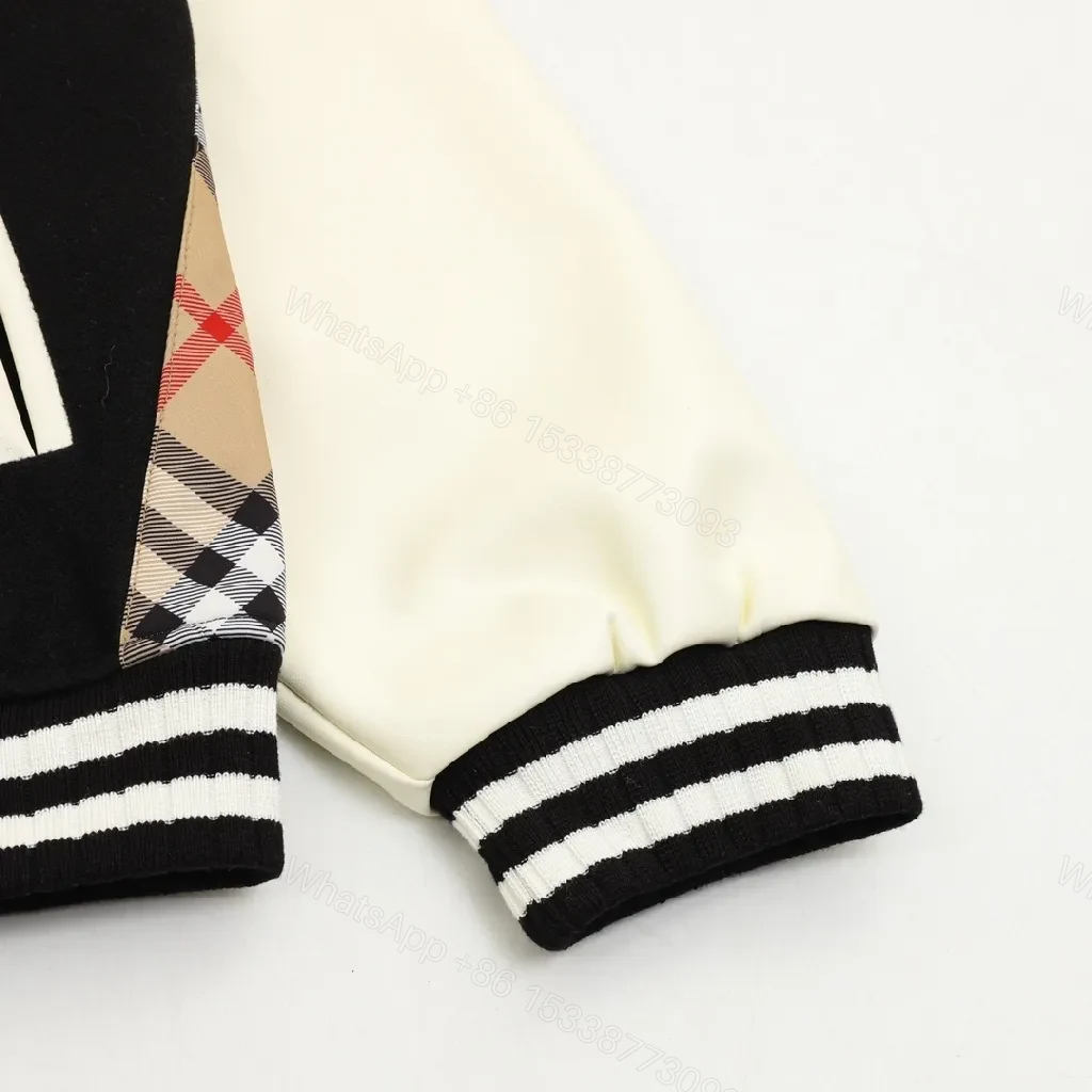 View 9 of Bold Plaid-Panel Varsity Bomber Jacket