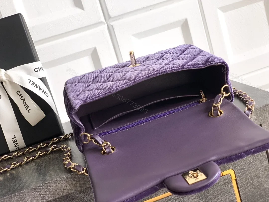 View 8 of Velvet Quilted Flap Bag with Gold Hardware - Chic Purple