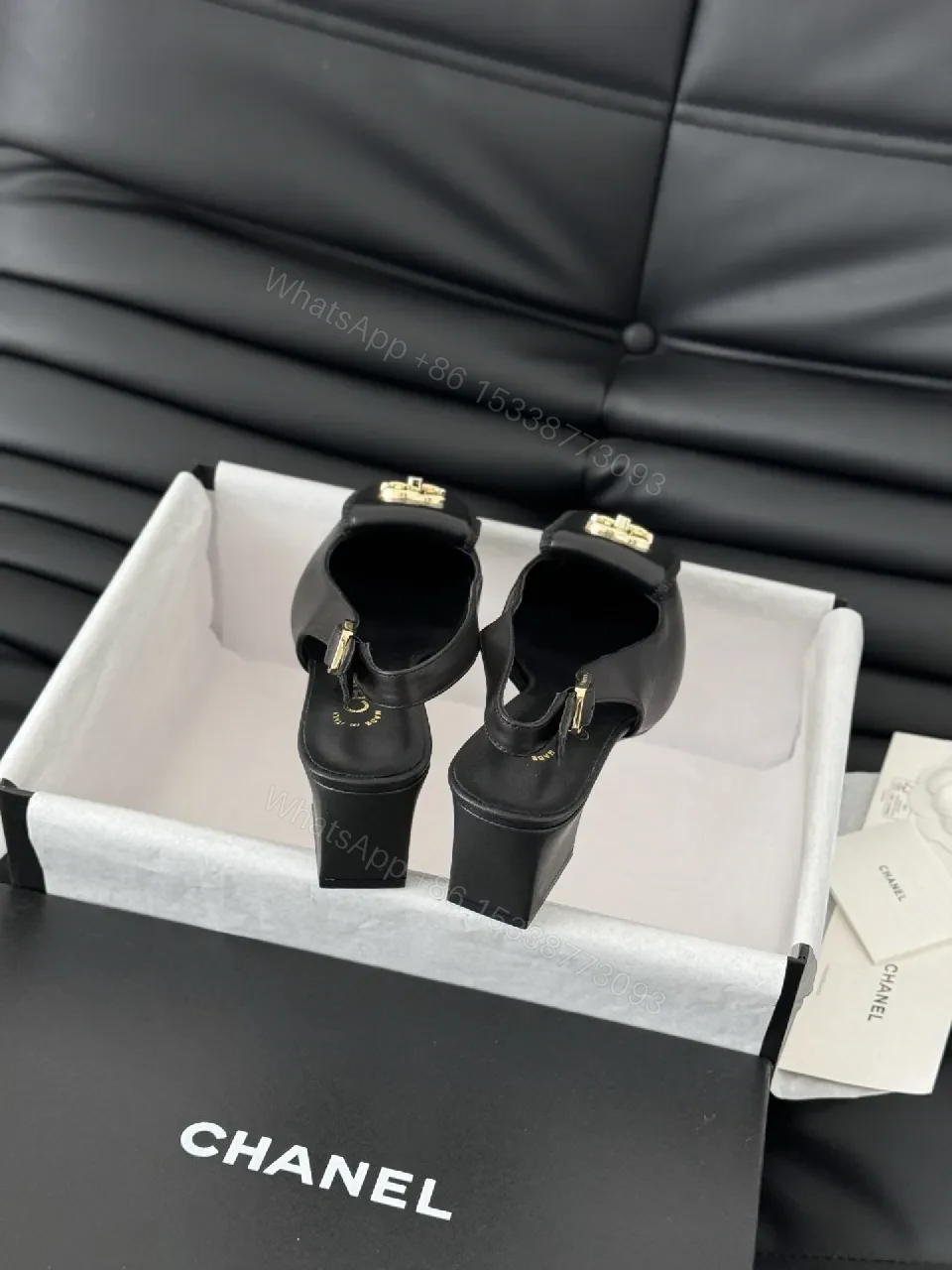 View 6 of Black Leather Slingbacks with Gold Hardware, Luxury-Style Heels
