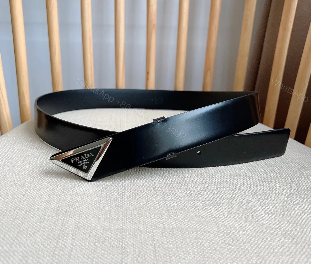 View 2 of Sleek Black Bonded Leather Belt with Prada Triangle Plaque
