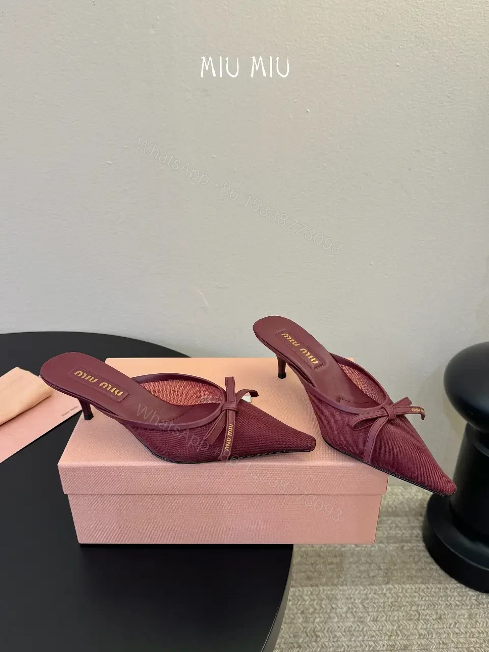 View 2 of Elegant Knit Mule with Bow Detail, Pointed Toe, Burgundy