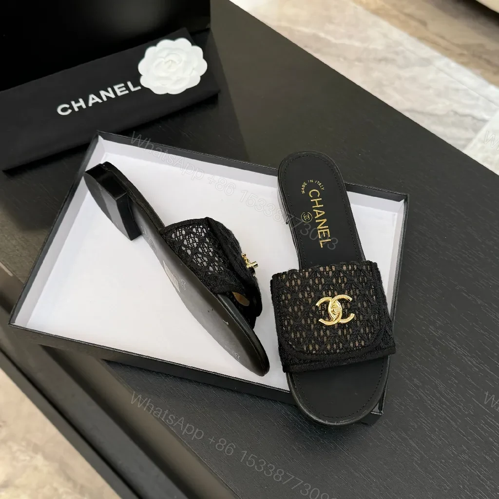 View 4 of Lux Black Chanel-Texture Slide with Gold Logo Accent