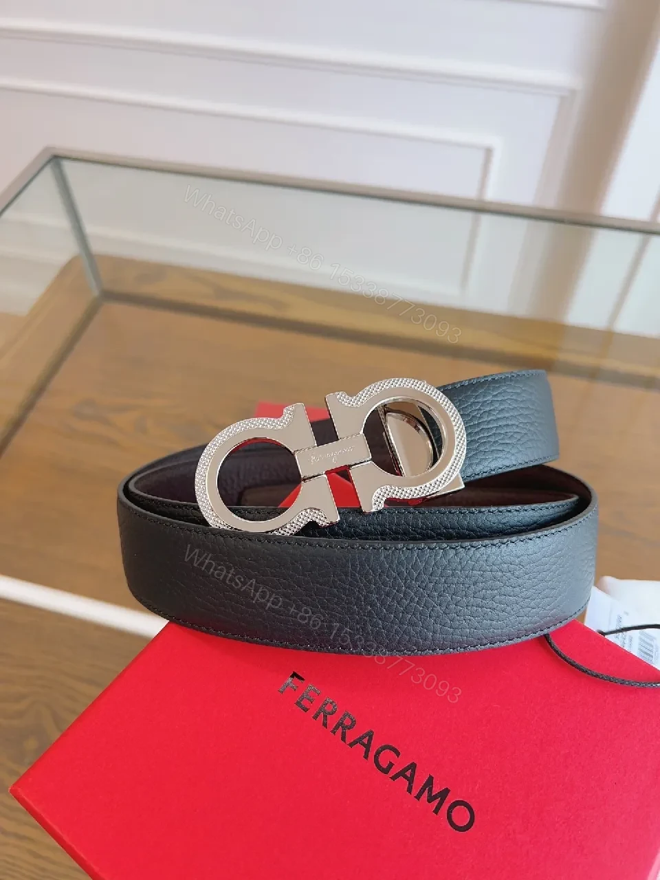 View 3 of Black Leather Contemporary Belt with Signature Hardware, Premium