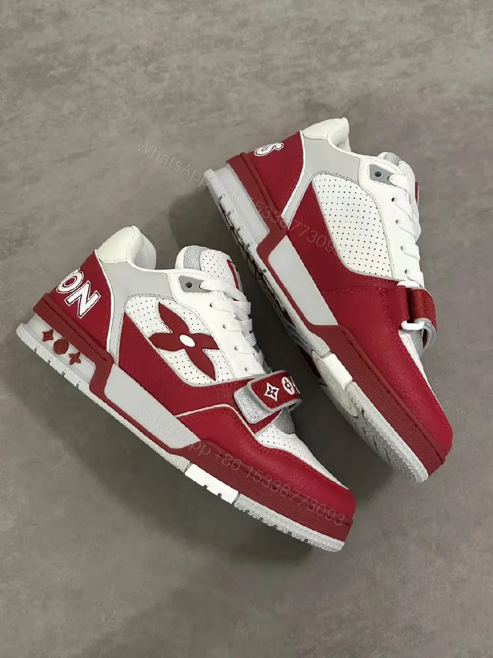 View 8 of Bold White & Burgundy Leather Trainer with LV-Style Details