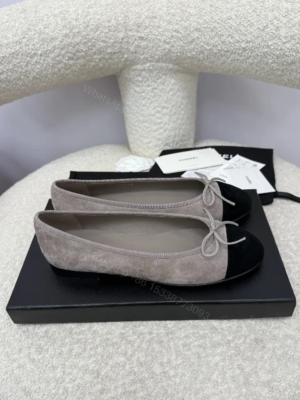 View 5 of Taupe Suede & Velvet Bow Ballet Flats, All-Day Comfort