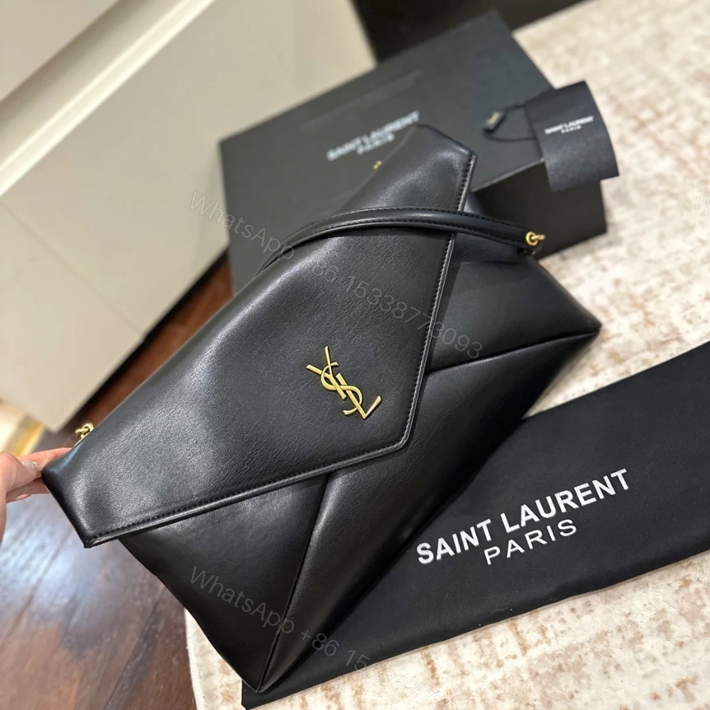View 2 of Saint Laurent Cassandre XXL Pouch On Chain In Shiny Black 35Cm