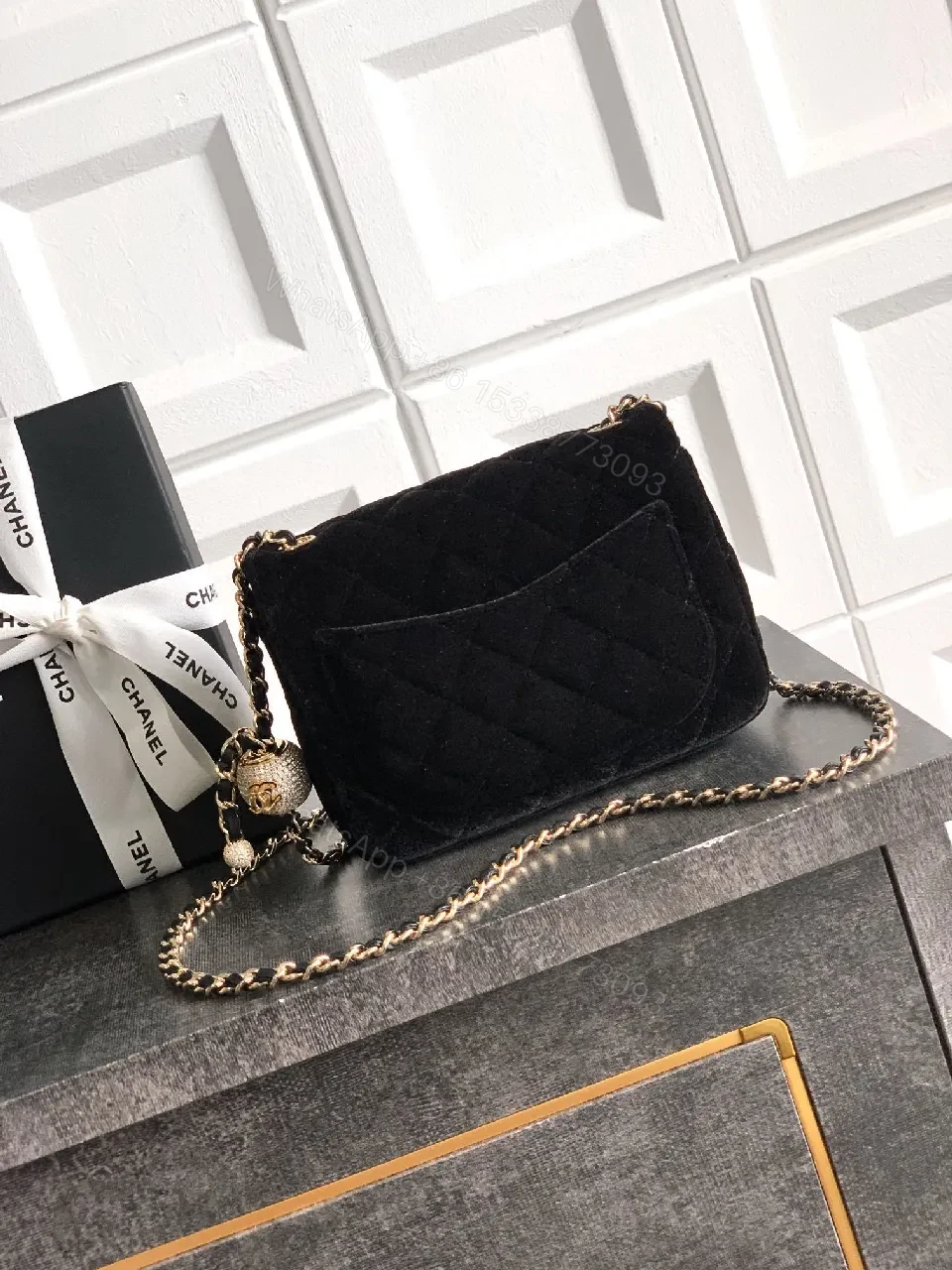 View 9 of Velvet Quilted Crossbody Bag with Gold Chain