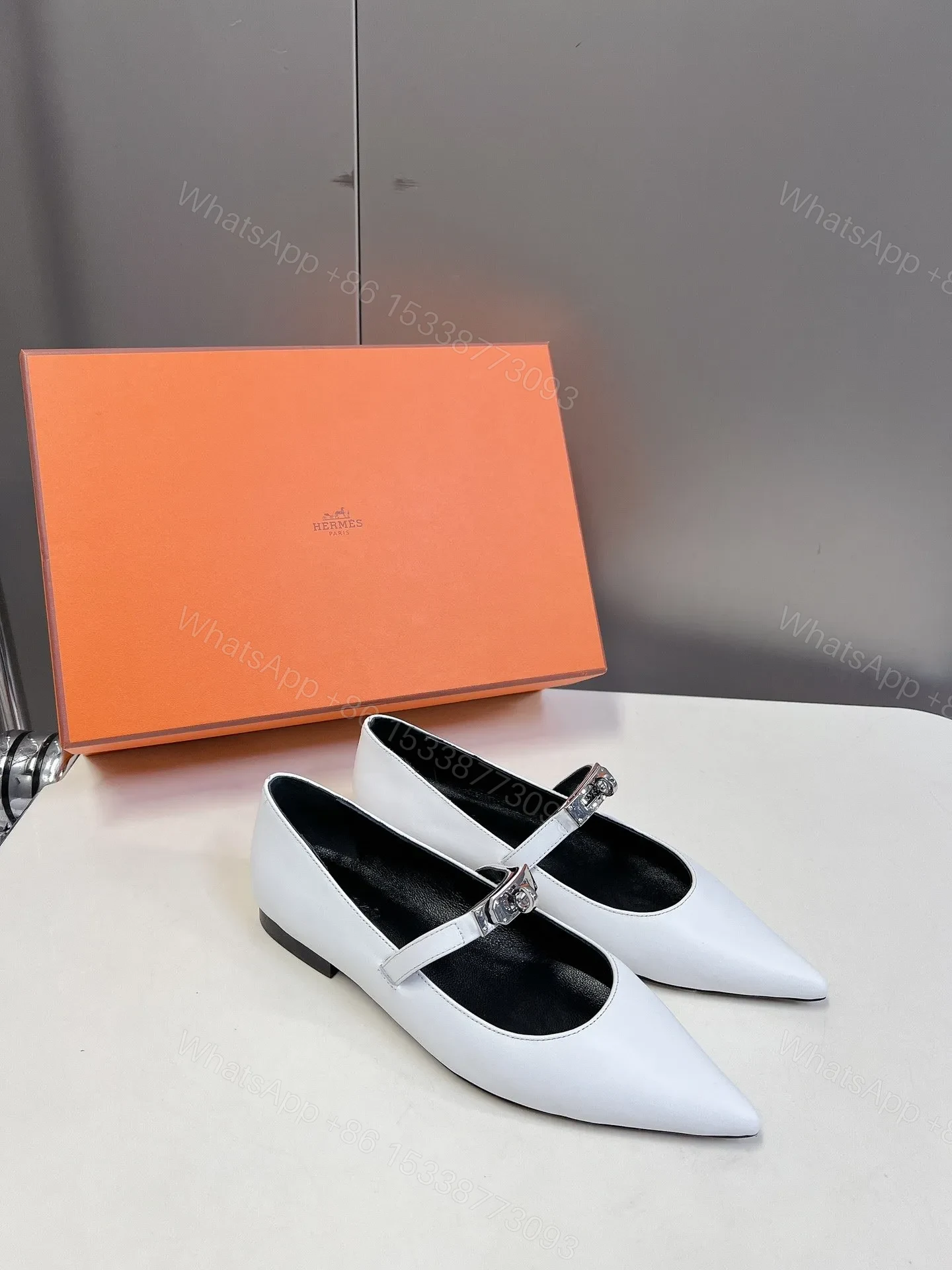 View 3 of Hermes Women White Leather Pointed Mary Jane Flats