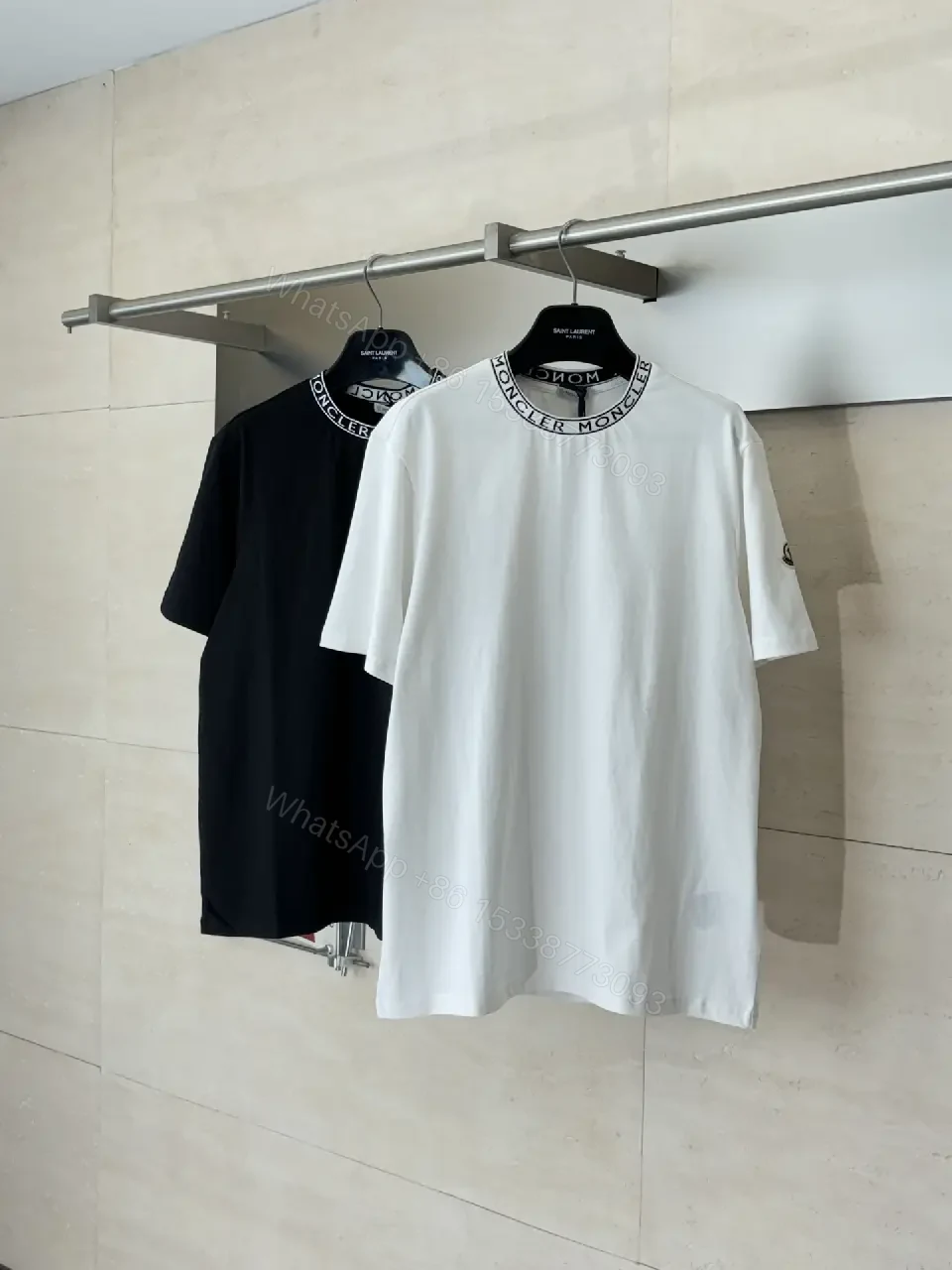 View 3 of White Cotton Tee Moncler Logo Crewneck Classic Streetwear Style Breathable Comfort T-Shirt