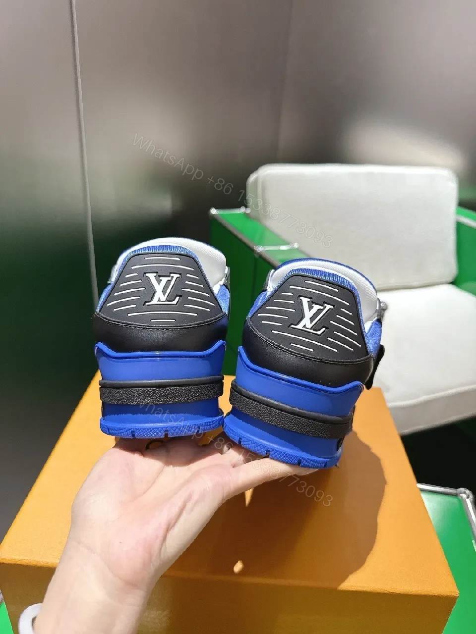 View 4 of Blue & Black High-Top Luxury Sneakers with Monogram Details