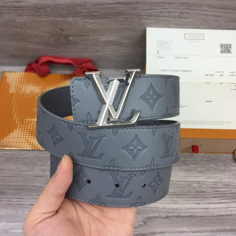 View 4 of Monogram Gray Leather Belt â€” Gold Buckle, All-Occasion Style
