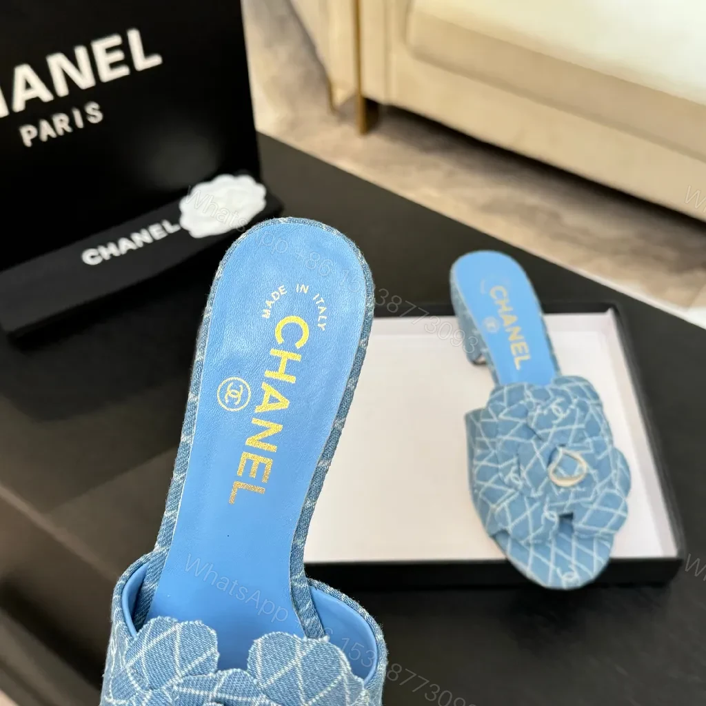 View 8 of Denim-Textured Mules with Floral Detail, Everyday Luxury Comfort