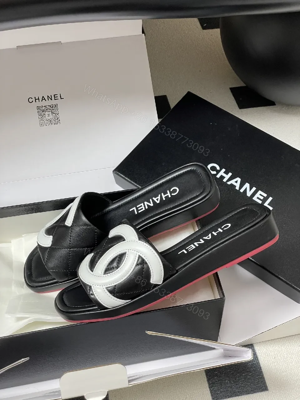 View 7 of Quilted Black Slides with Bold Logo Straps - Luxury Casual