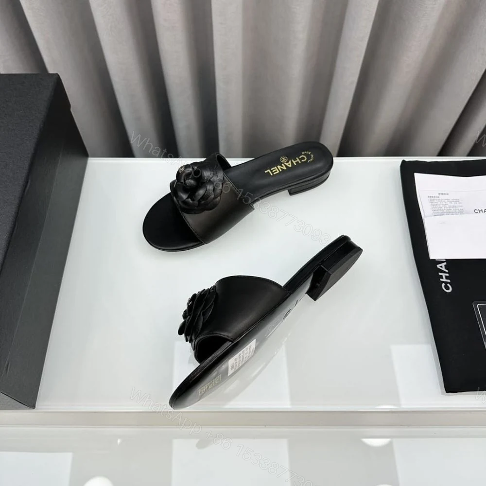 View 5 of Chanel Black Camellia Slide Flat Sandals