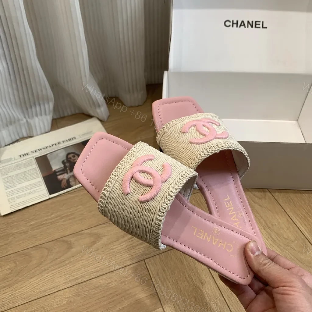 View 6 of Pink Raffia Slide, Interlocking Logo, Luxe Comfort Slides