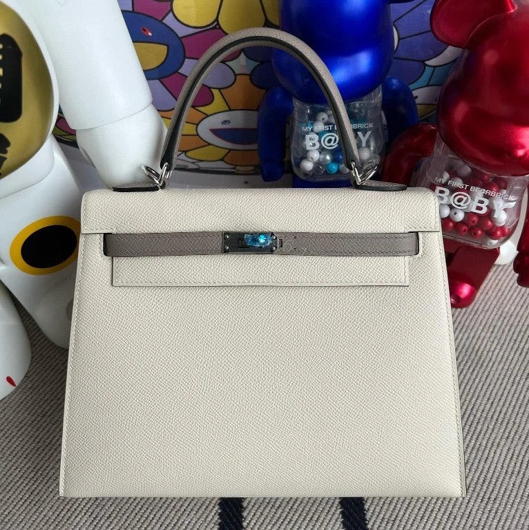 View 8 of H KELLY EPSOM CK10 CREAMY WHITE & M8 GRIS ASPHALTE SILVER HARDWARE 25CM