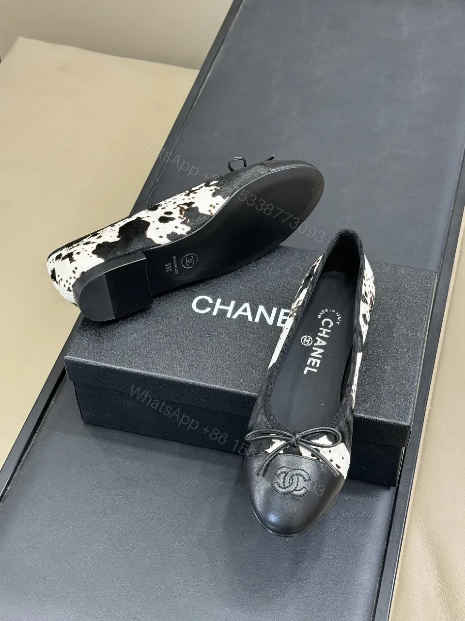View 3 of Dalmatian-Print Leather Ballet Flats, Chanel-Inspired Style, Comfort